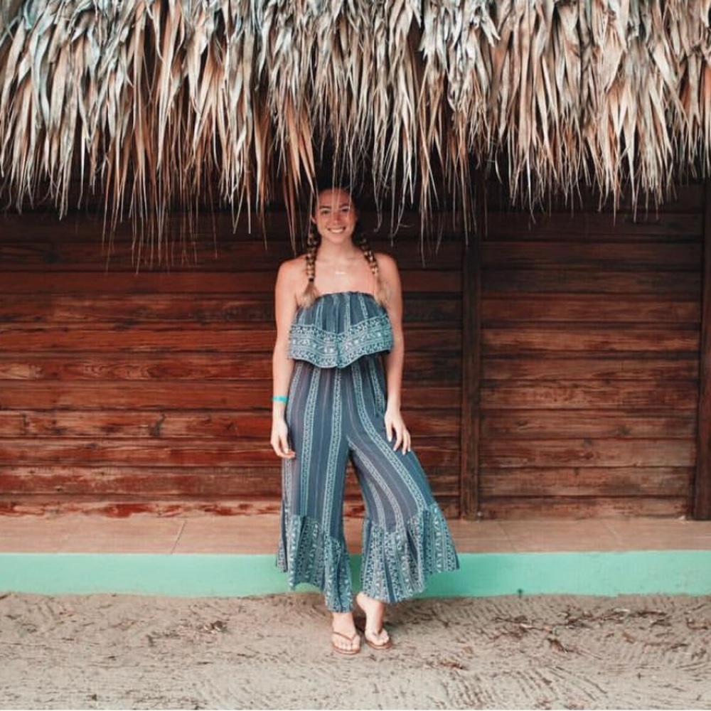 American Eagle Blue Strapless Wide Leg Jumpsuit